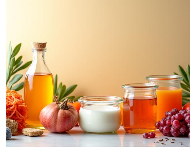 Un microscopio y un diagrama esquemático del sistema digestivo junto a alimentos fermentados como kéfir y verduras encurtidas, ilustrando el concepto de salud intestinal.
