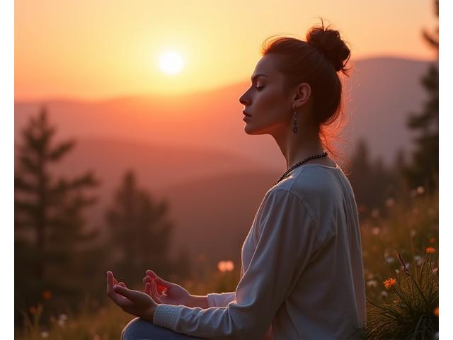 Persona meditando pacíficamente al atardecer en la naturaleza, con una luz suave y tonos cálidos, representando el manejo del estrés.