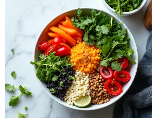 Plato colorido y saludable con verduras recién cortadas y hierbas aromáticas, simbolizando nutrición consciente.