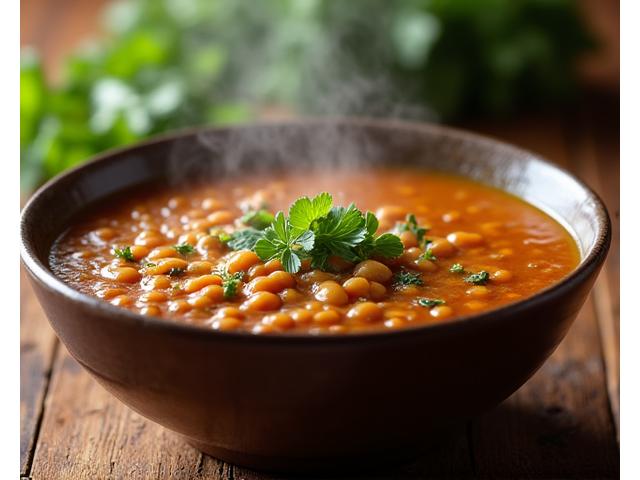Primer plano de un bol de sopa de lentejas casera, humeante y garnita con hierbas frescas, con un ambiente cálido y rústico.