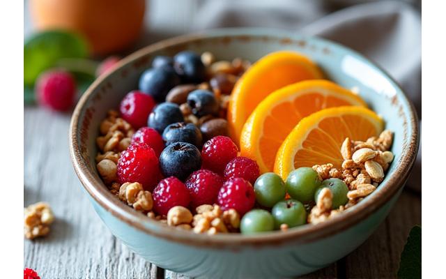 Bowl vibrante con frutas frescas y frutos secos, representando una alimentación saludable y energética