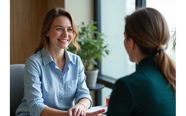 Coach profesional guiando una sesión individual con un cliente, en un ambiente empático