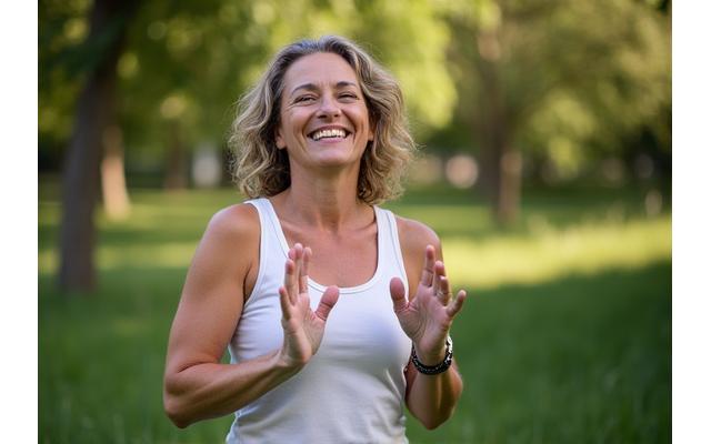 Mujer sonriendo y haciendo ejercicio al aire libre, simbolizando un estilo de vida saludable