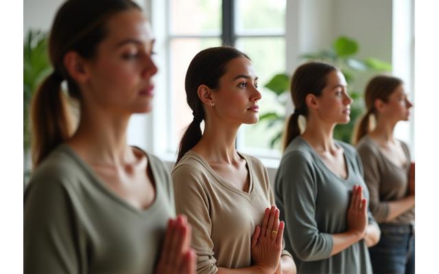 Grupo de personas participando activamente en un taller de mindfulness o yoga